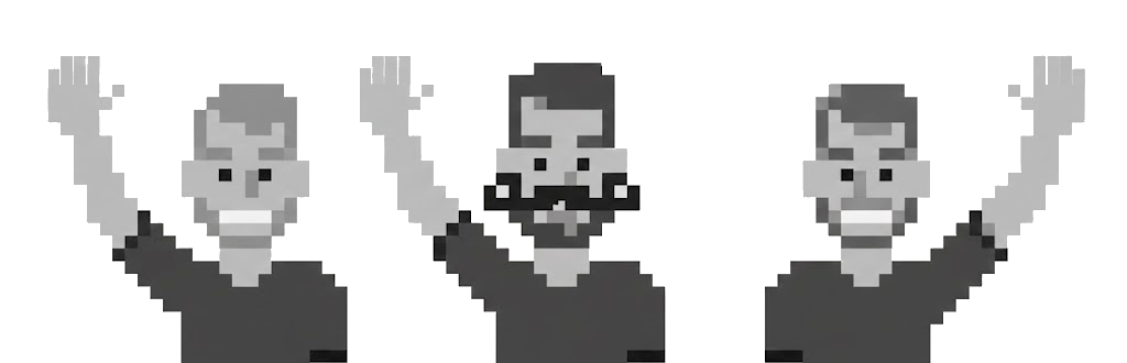Pixel-art image of the employees waving.